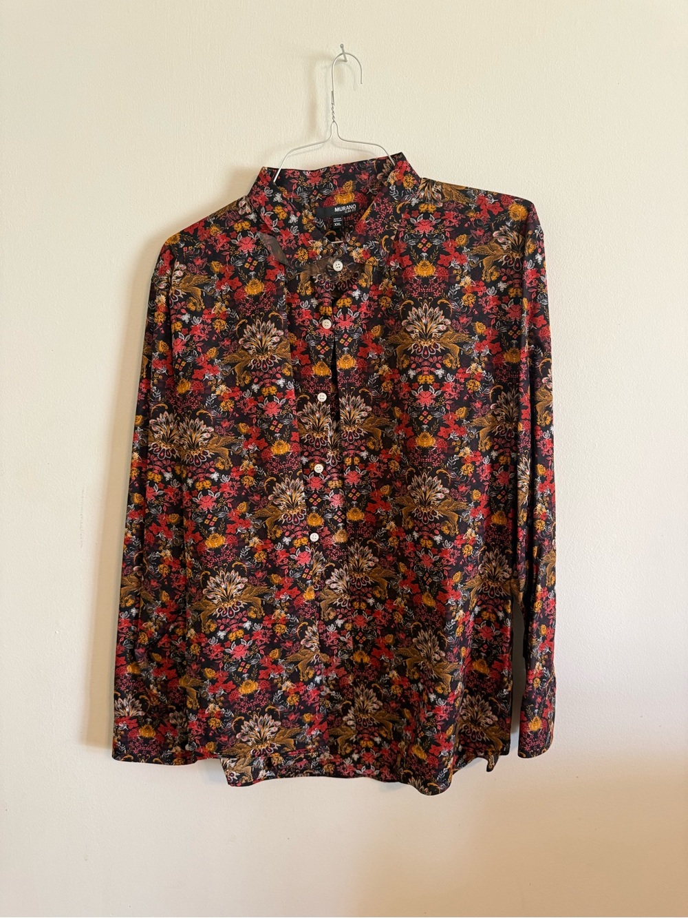 Murano Black Floral Button-Down Shirt with Red and Gold Accents